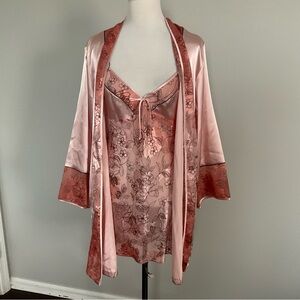 VTG Jones New York Women’s Peach Color Sheer Floral Design Chemise/Robe Set M